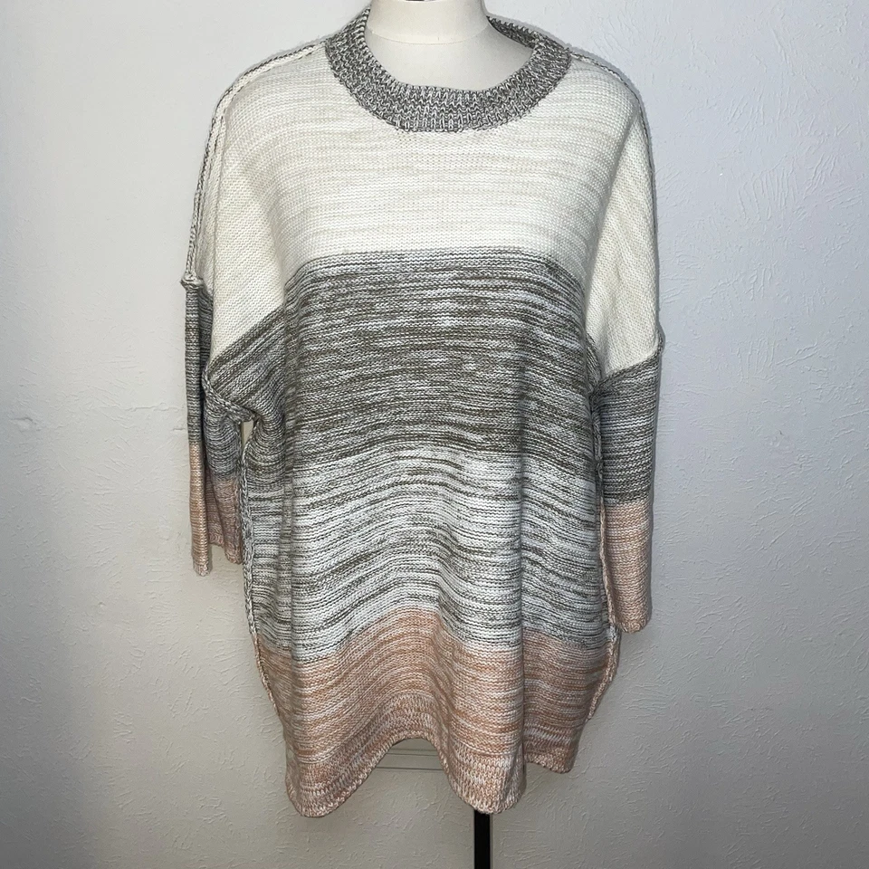 Easel Oversized Sweater Medium Colorblock Knit Pullover Beige Gray Peach Stripes - Image 2 of 4