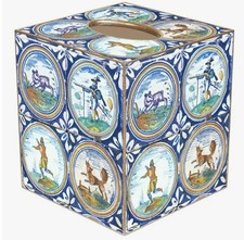 MARYE-KELLEY,  "OLD EUROPEAN DELFT TILE" CUBED TISSUE BOX COVER, GOLD TRIM,  NEW