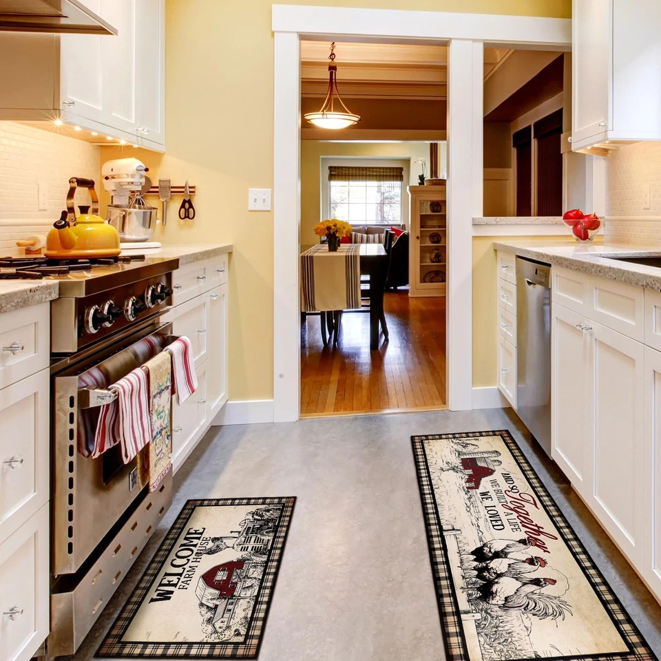 2 Piezas Alfombras de Cocina Gallo Granja Cocina Decoración Bienvenido Pollo Alfombrillas... Foto 2 de 4