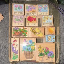 Vtg 1993-1995 Flowers Plants Theme Rubber Stamp Set Wood Mounted Garden Designs