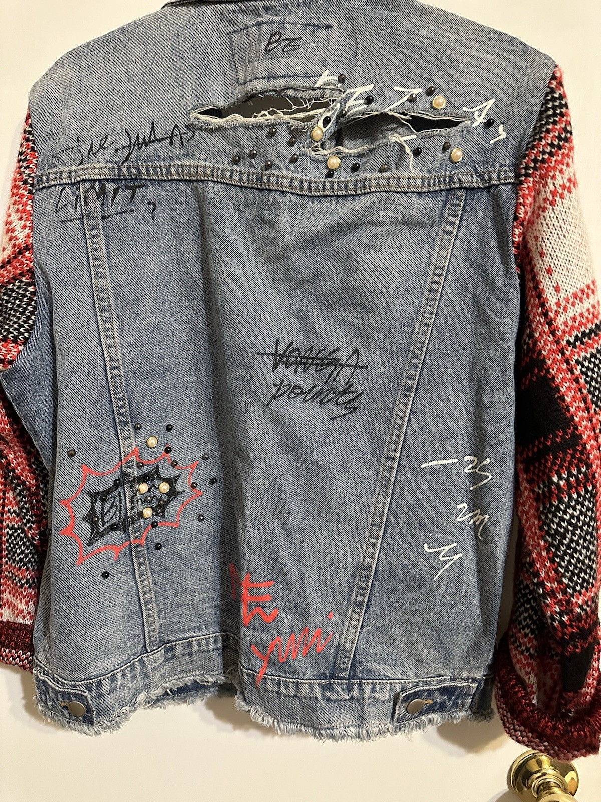 Scripted Distressed Denim Jacket Size M - image 10