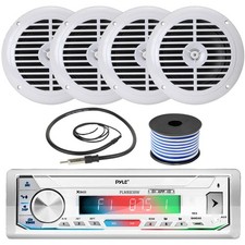 Pyle PLMRB39W Bluetooth Boat Stereo, 4x 6.5'' 120W White Speakers, Antenna, Wire