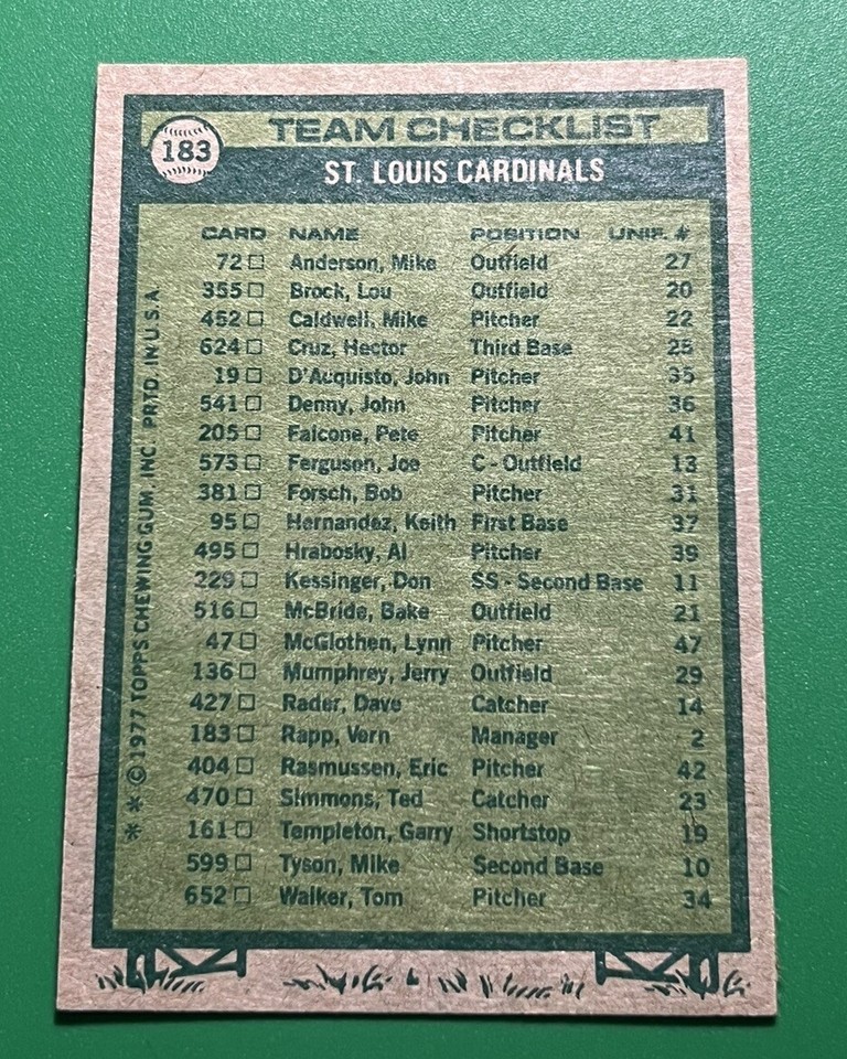 1977 Topps. Cardinals Team Checklist #183 - Vern Rapp Baseball Cards ...