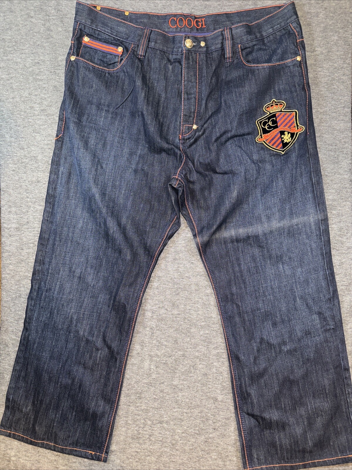 Coogi Country Club Men Denim Jeans Crown Shield Embroidered Baggy Gold 44x32