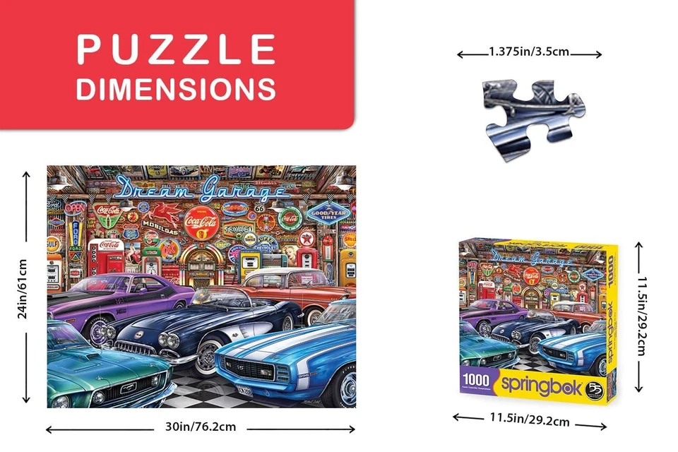 Springbok 1000 Piece Puzzle Dream Garage Classic Cars Vintage Signage 24x30 - Image 3 of 4