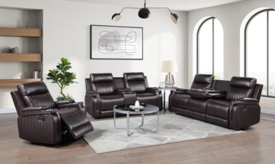 NEW 3PC Brown Sofa Loveseat Chair Leather Air 5-Recliner Living Room Set