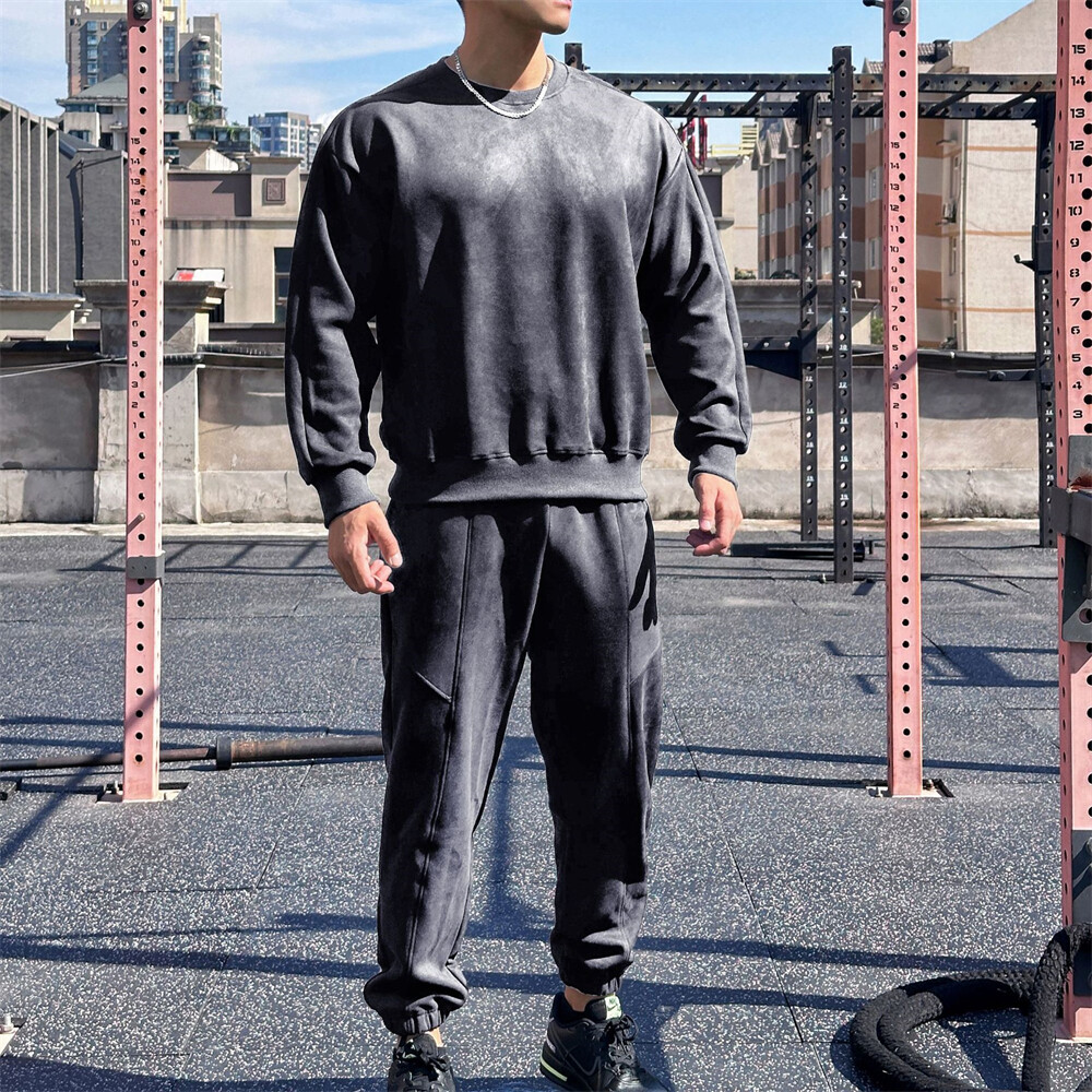 Men's Tracksuits Suede Sweatshirt and Pants Piece Sweatsuit