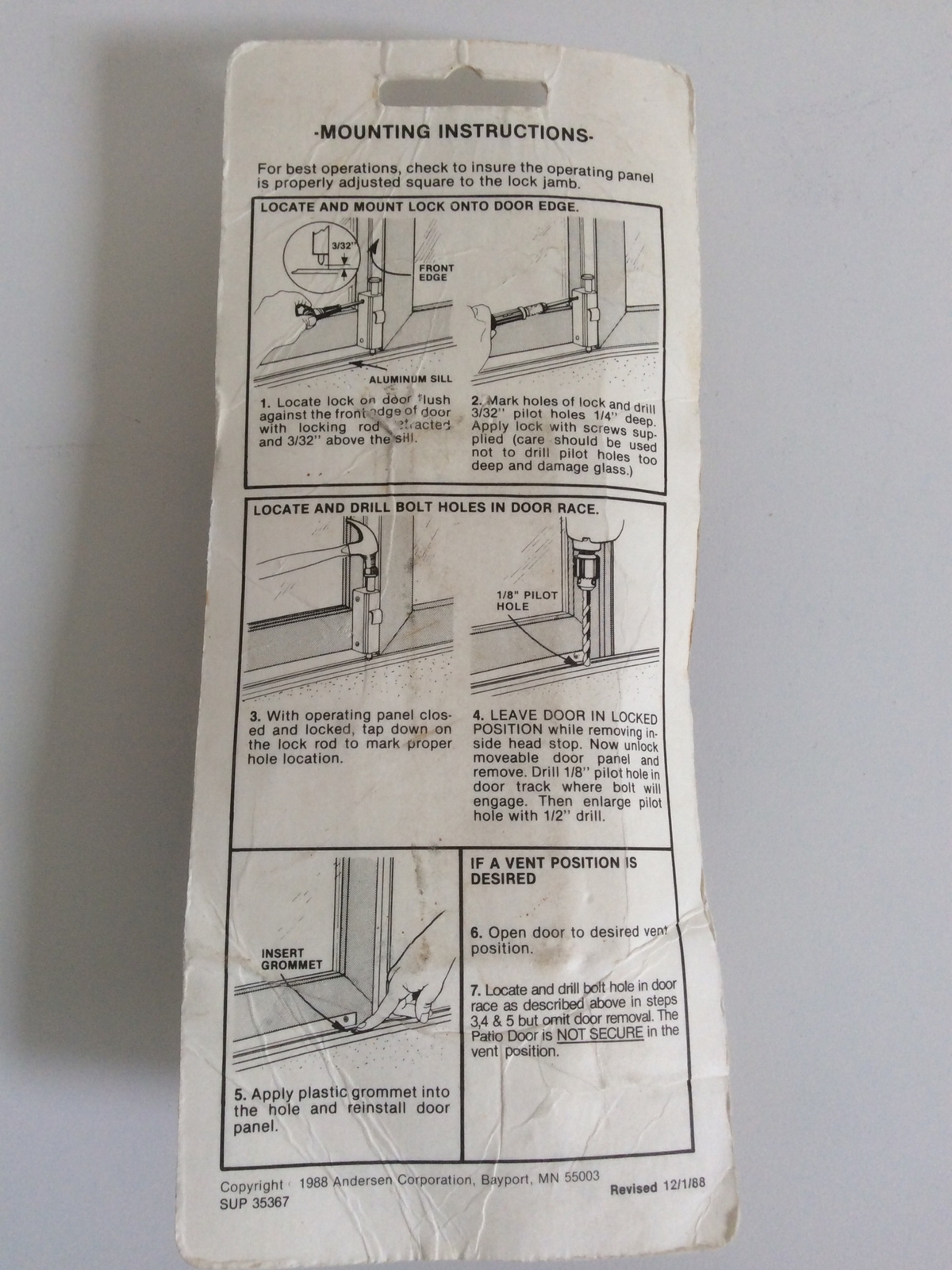 Andersen Gliding Patio Door Auxiliary Security Foot Lock New Sealed NOS