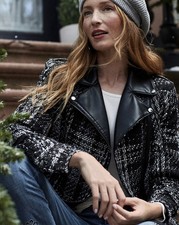Chicos Tweed And Faux Leather Moto Jacket Sz 1 Msrp $189 Nwt
