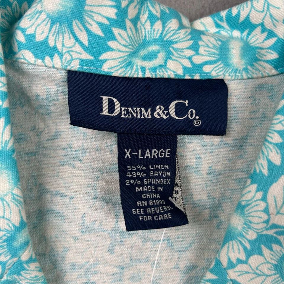 Camisa Denim Co Feminina XL Azul Linho Mescla Floral Botão para Cima Manga Curta Nova Com Etiqueta - Imagem 2 de 4
