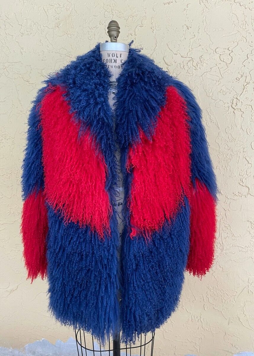 80s 90s Vintage Red & Blue Patchwork Mongolian Fur Coat 80s 90s Vintage Red & Blue Patchwork Mongolian Fur Coat