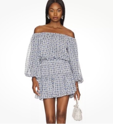 Misa Los Angeles Zonia Off Shoulder Chiffon Mini Dress Blue & White Pattern  XS | eBay