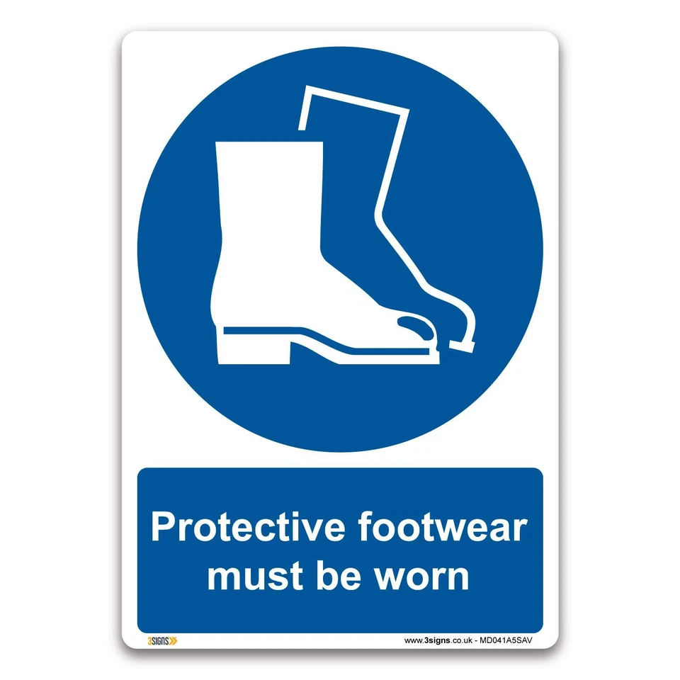 3 SIGNS Protective footwear must be worn Sign - Adhesive Vinyl - Mandatory Safety PPE