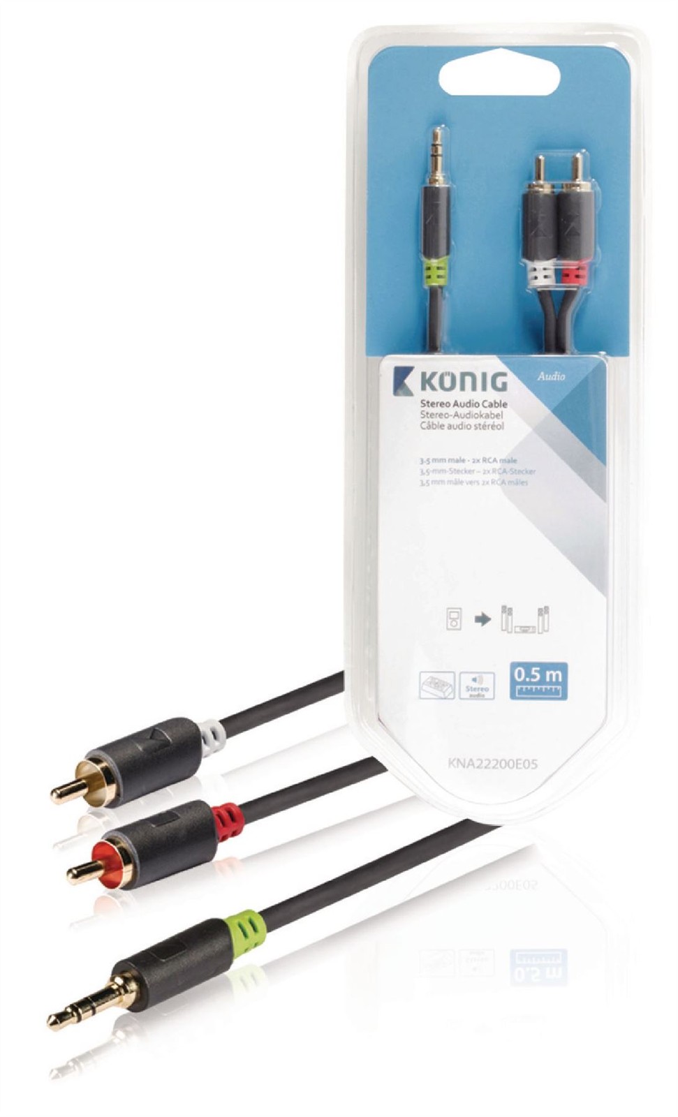 Konig Stereo audio cable 3.5mm male to 2x RCA male 0.50m grey
