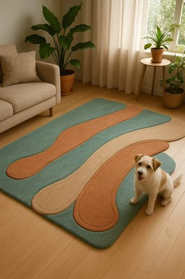 Hand Tufted Wool Blend Rug: Modern Abstract Wave Carpet, Green Beige Rust