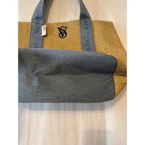 Victoria’s Secret NWT LOGO Straw & Denim Tote Beach Summer Vacation Bag - Picture 4 of 6