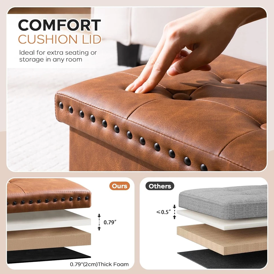 Otomana de almacenamiento plegable, pequeño taburete reposapiés de cuero sintético con botón acolchado  Foto 3 de 4