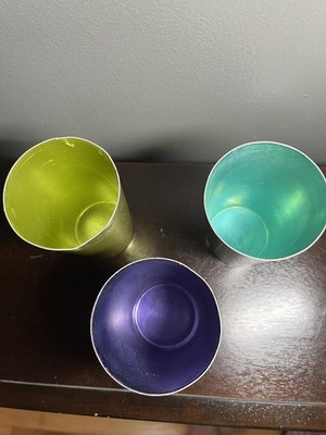 3 Vintage Unbranded Aluminum Tumblers/Glasses 10oz. Purple Silver Gold Stackable