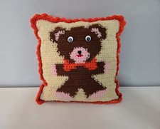 Vintage Homemade Crocheted Teddy Bear Throw Pillow  Google Eye