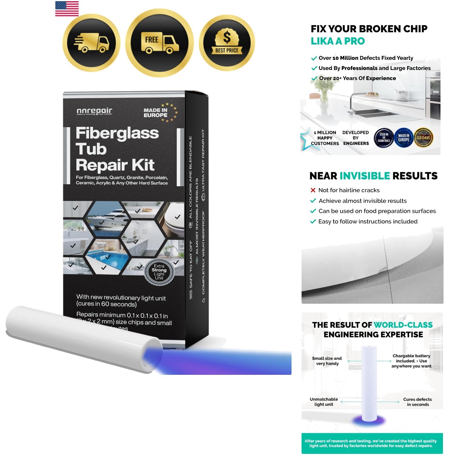 Kit de reparación de bañera de fibra de vidrio fijación de virutas de grietas adecuado para cerámica plástico acrílico