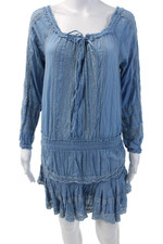 Love Shack Fancy Womens Cotton Long Sleeve Scoop Neck Tier Lace Dress Blue XS