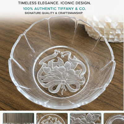 Tiffany & Co. Clear Crystal Bowl Round Etched Floral & Fruit Decorative Motif