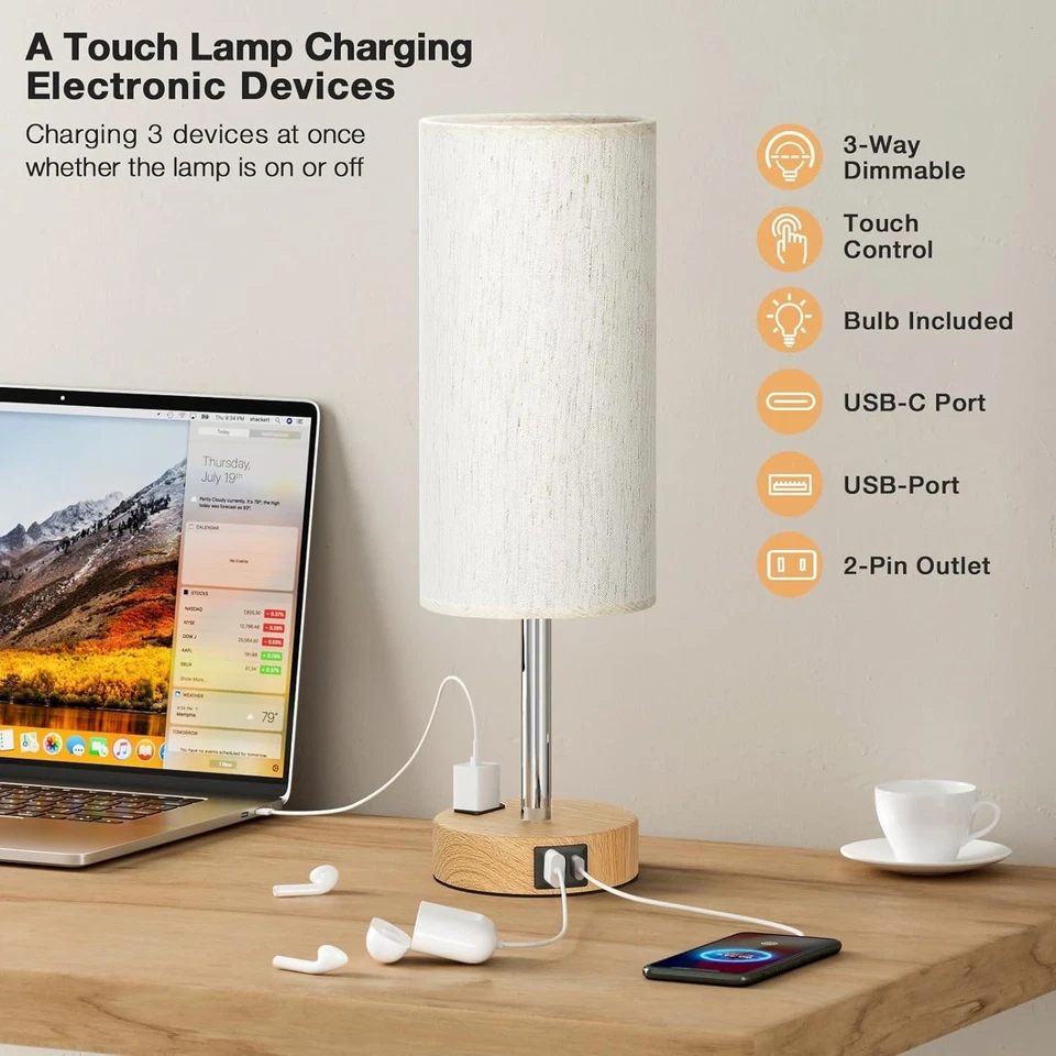 Bedside Table Lamp Touch Control with USB-C & USB-A Ports and AC Outlet,3 Way Di - Image 2 of 4