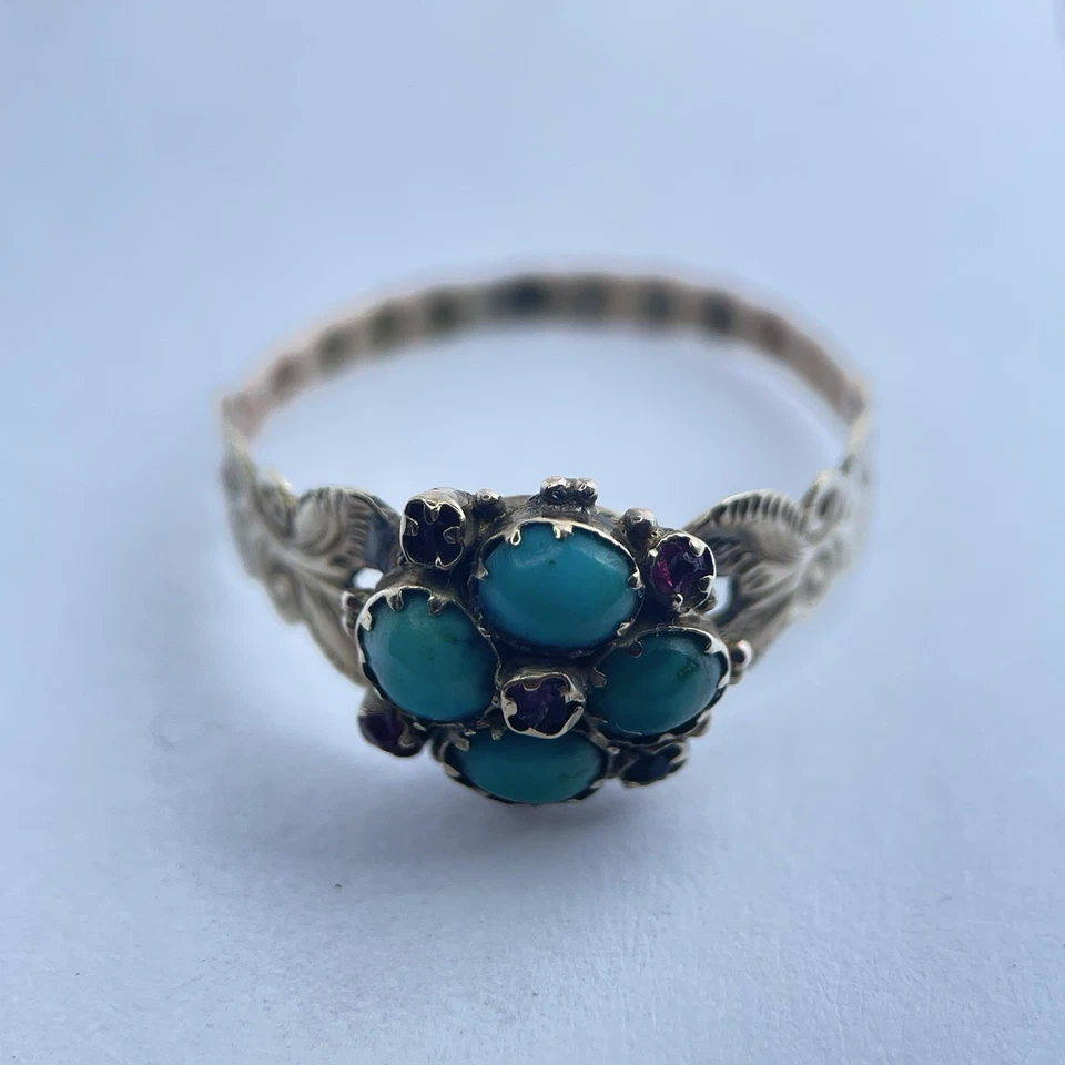 Antique 9ct Gold Turquoise & Paste Cluster Mourning Hair Ornate Engraved Ring -N - Image 2 of 4