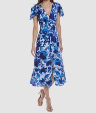 Adrianna Papell Women's Blue Abstract Button-Front Flutter Sleeve Dress Size-4