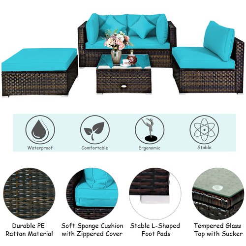 5PCS Rattan Patio Conversation Set Outdoor Furniture Set w/ Ottoman Turquoise - Picture 10 of 10