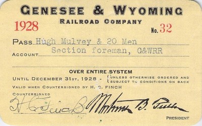 GENESEE WYOMING _ LOW # 32 _ RAILWAY RR RY RWY RAILROAD PASS 1928 LINEN
