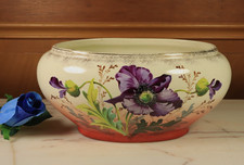 Antique French Pottery Planter Jardiniere Hand Painted Flowers- Ships DDP to USA