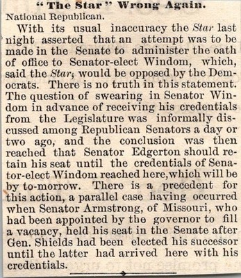 Star Wrong Sen-Elect Windom Sen Armstrong 1881 Washington DC Clipping TAJ8-S18