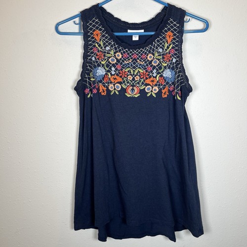 J JILL Tank Top Women's Floral Embroidered Blue Relaxed Fit Sz XS Sleeveless
