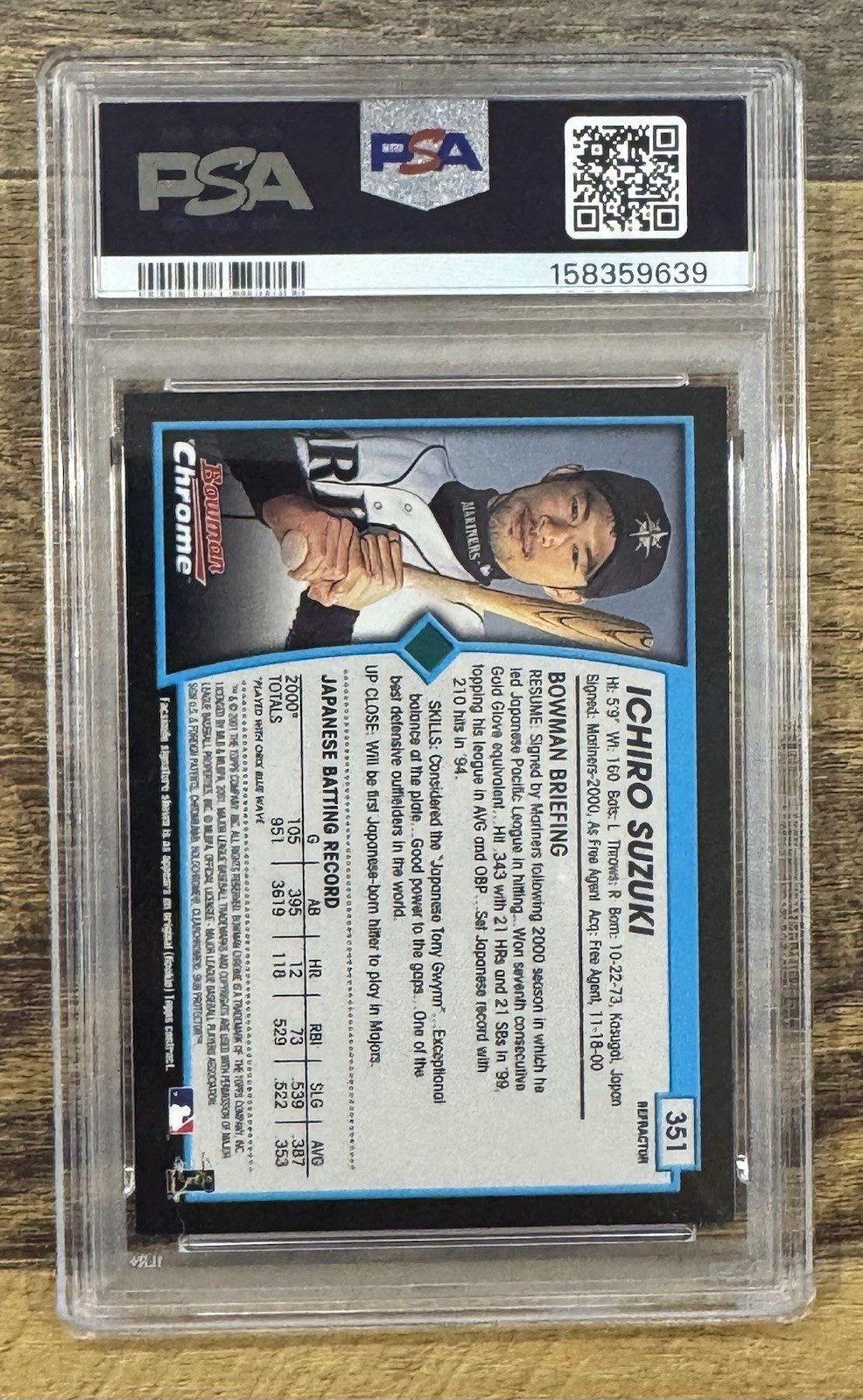 Ichiro Suzuki 2001 Bowman Chrome Refractor Rookie #351 PSA 8 NM-MT Mariners HOF view 2