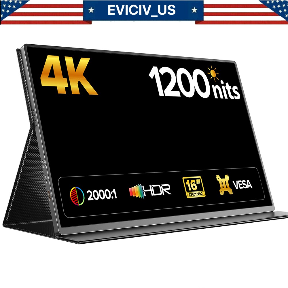 EVICIV 16 Inch 4K Portable Monitor HDR Screen 1200 Nits 100% sRGB Ultra Slim NEW