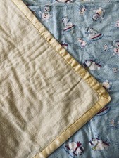 Baby Blanket Quilt Vintage Reversible Yellow Blue Snowmen On Skis Handmade Satin