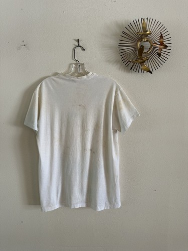80s HANES V-Neck Cotton Blend Blank White T Shirt M / L Distressed Burnout Vtg - Picture 4 of 21