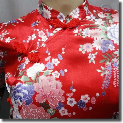 * Chinese Cheongsam Qipao Style Floral Satin Tunic Top Red S - Picture 3 of 6