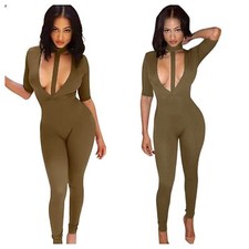 Tuta Intera Lunga Verde Militare Biker Top Vestito Donna M 44 Scollo a V Nero