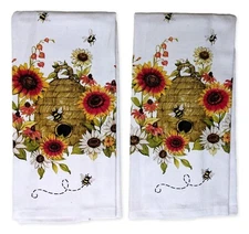 Set of 2 HARVEST SUNFLOWER Bee Skep Terry Kitchen Towels by Kay Dee Designs