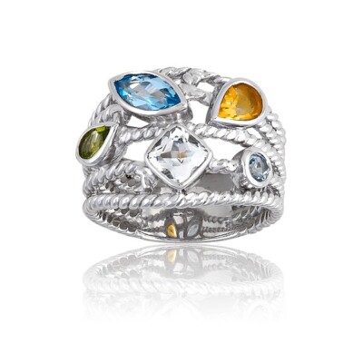 Sterling Silver BT Citrine Peridot & Topaz Multi-Shaped Gem 5-Strand Ring