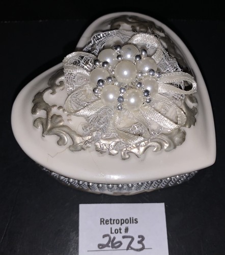 WHITE Ceramic HEART TRINKET BOX Lace Pearls Silver Bead Bridal Vintage