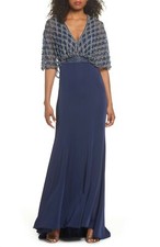 MAC DUGGAL Navy Beaded Teardrop Pearl Glamour Dolman Sleeve Maxi Gown 16  XL