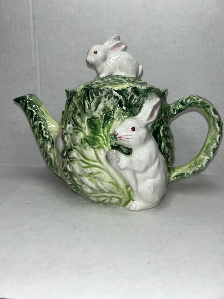 Vintage Shafford Rabbit Patch Bunny Teapot, Green and White