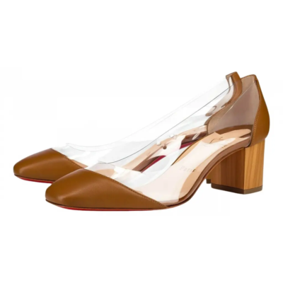 Christian Louboutin Grandola 55 Brown Leather PVC Bois Block Heel