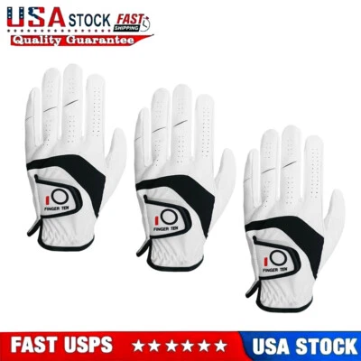 FINGER TEN 3 Pc All Weather Soft Cabretta Leather Golf Gloves Men Left Right Hand