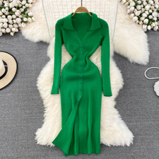 Women V-neck Long Sleeve Knitted Midi Dress Bodycon Slim Fit Button Elegant Sexy