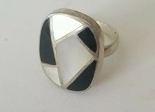 Vintage Mother Of Pearl, Onyx And Sterling Ring,wow  Sz 7.5, Must See,signed MC