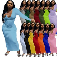 Women Long Sleeve Lowcut Solid Color Bodycon Midi Dress Party Club Maxi Dress